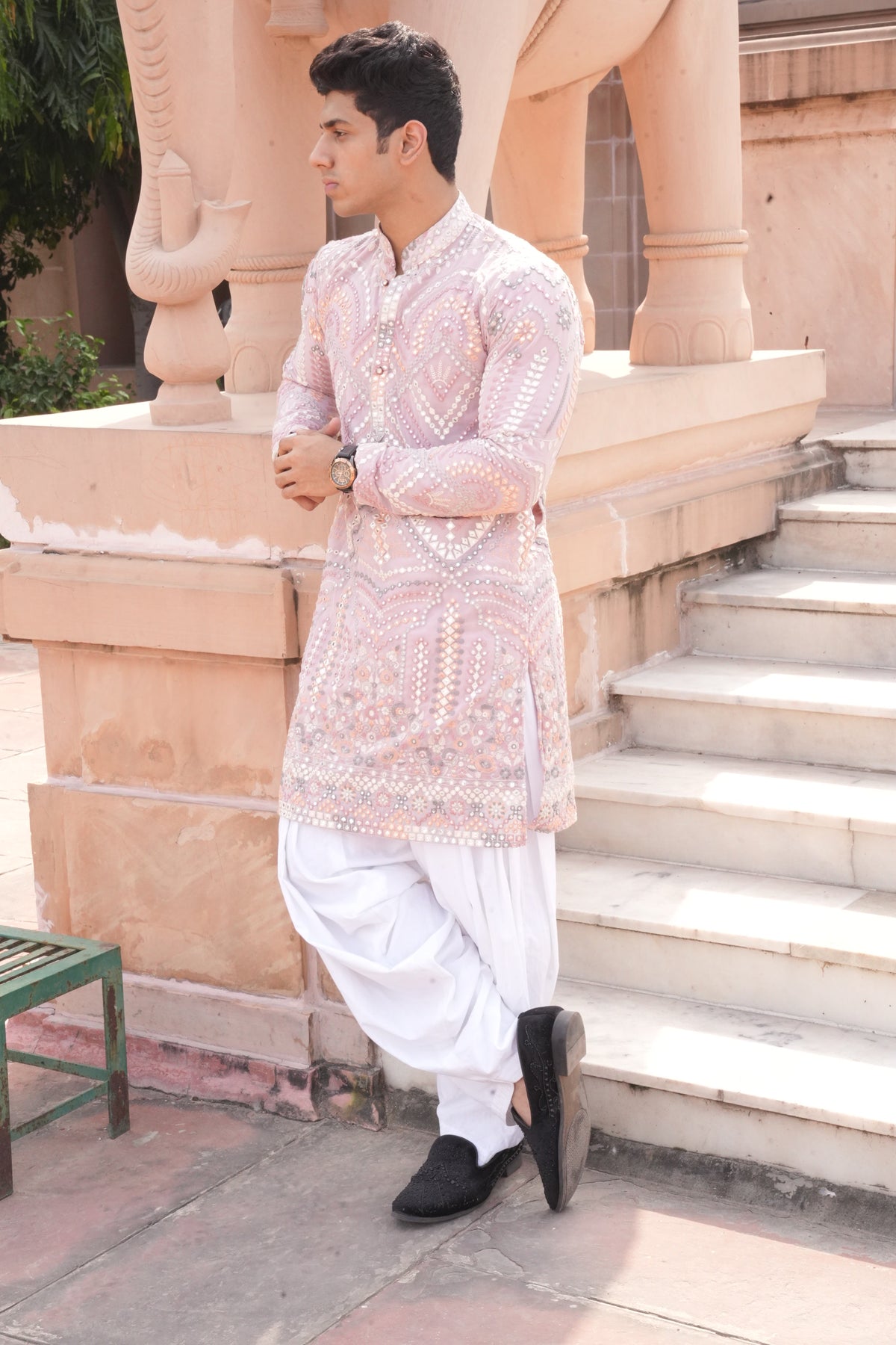 Gulzar Pink Mirrorwork Kurta for Men | Festive & Wedding Wear by Roohdari