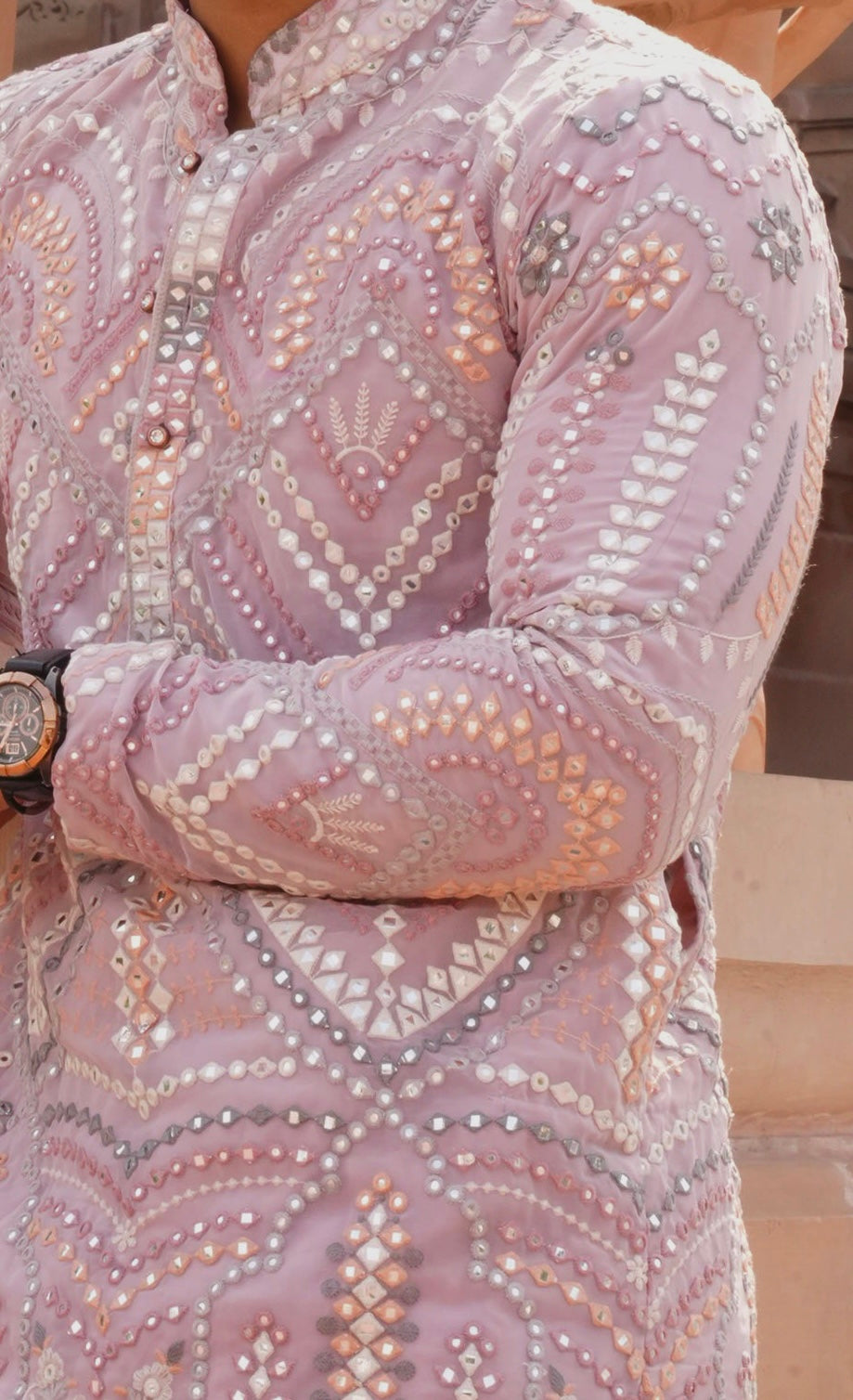 Gulzar Pink Mirrorwork Kurta for Men | Festive & Wedding Wear by Roohdari