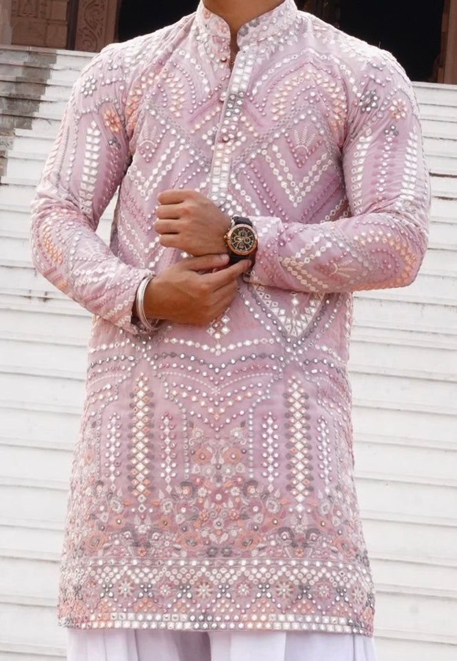 Gulzar Pink Mirrorwork Kurta for Men | Festive & Wedding Wear by Roohdari