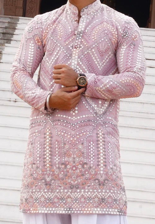 Gulzar Pink Mirrorwork Kurta for Men | Festive & Wedding Wear by Roohdari