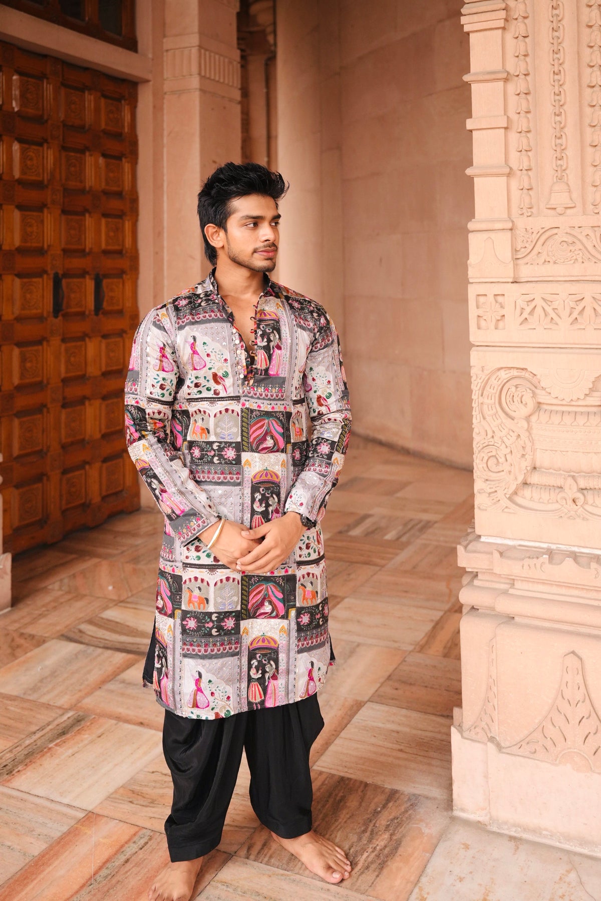 Shenshah Grey Rajasthani Work Kurta for Men | Roohdari