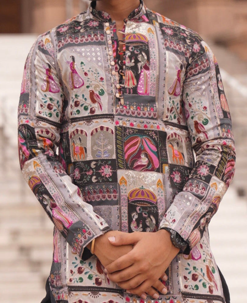 Shenshah Grey Rajasthani Work Kurta for Men | Roohdari