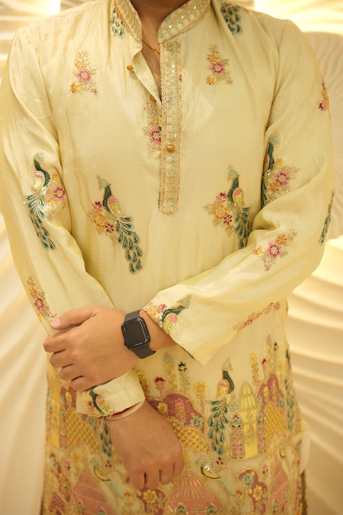 Roshan Golden Peacock Kurta for Men | Roohdari