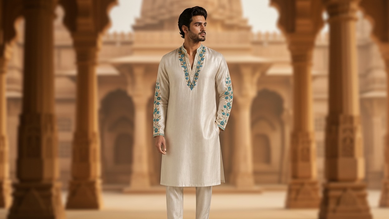 Model in an ivory silk kurta with floral embroidery at a temple courtyard